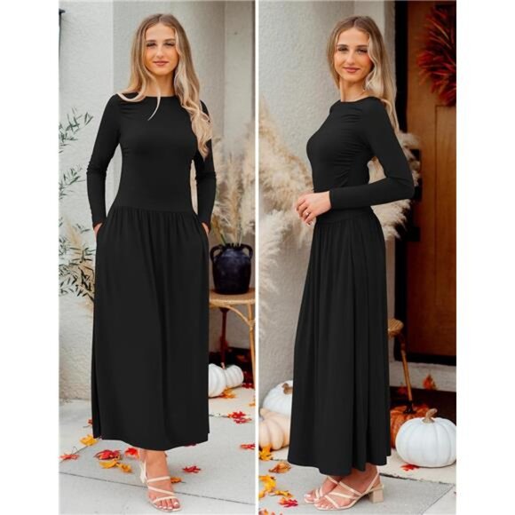 Women's Fall Long Sleeve Crewneck Maxi Dress - Casual Knit Slim Swing - Picture 6 of 7